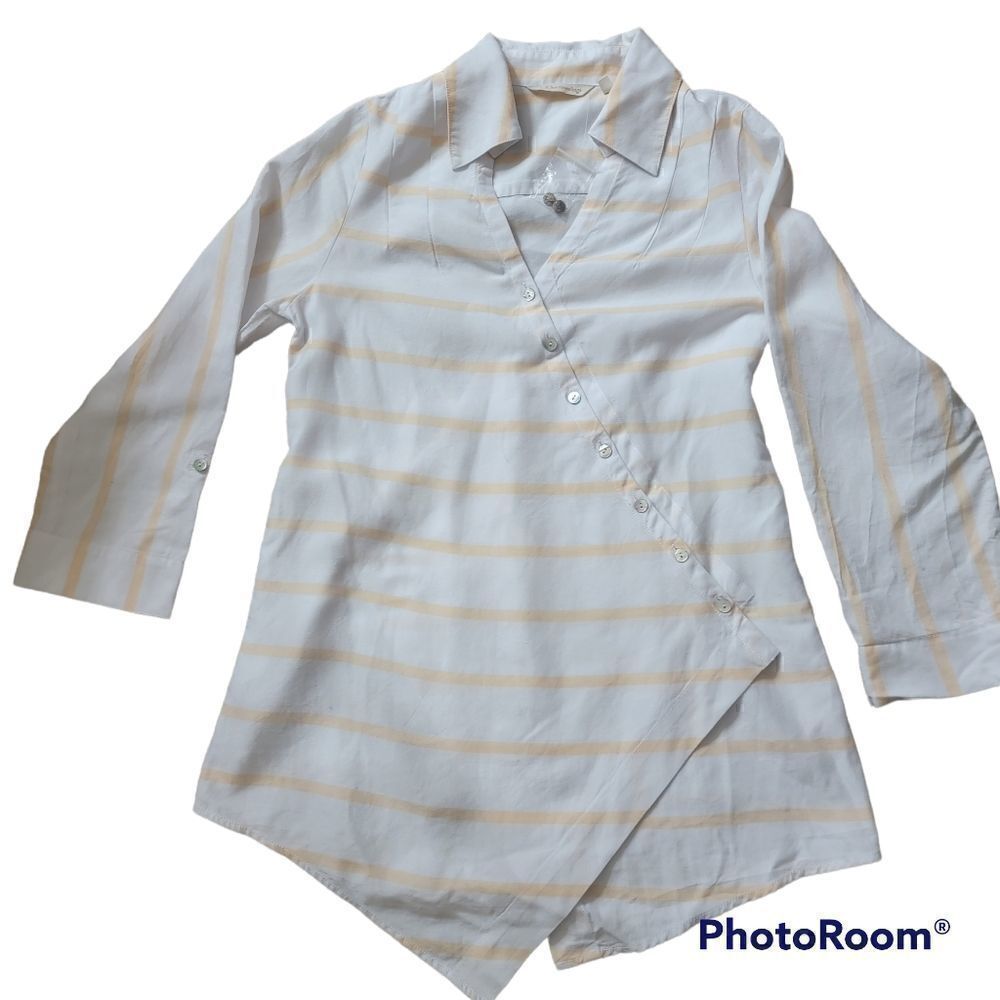Soft Surroundings Yellow and White Striped Asymmetrical Tunic. NWOT. Size XS.